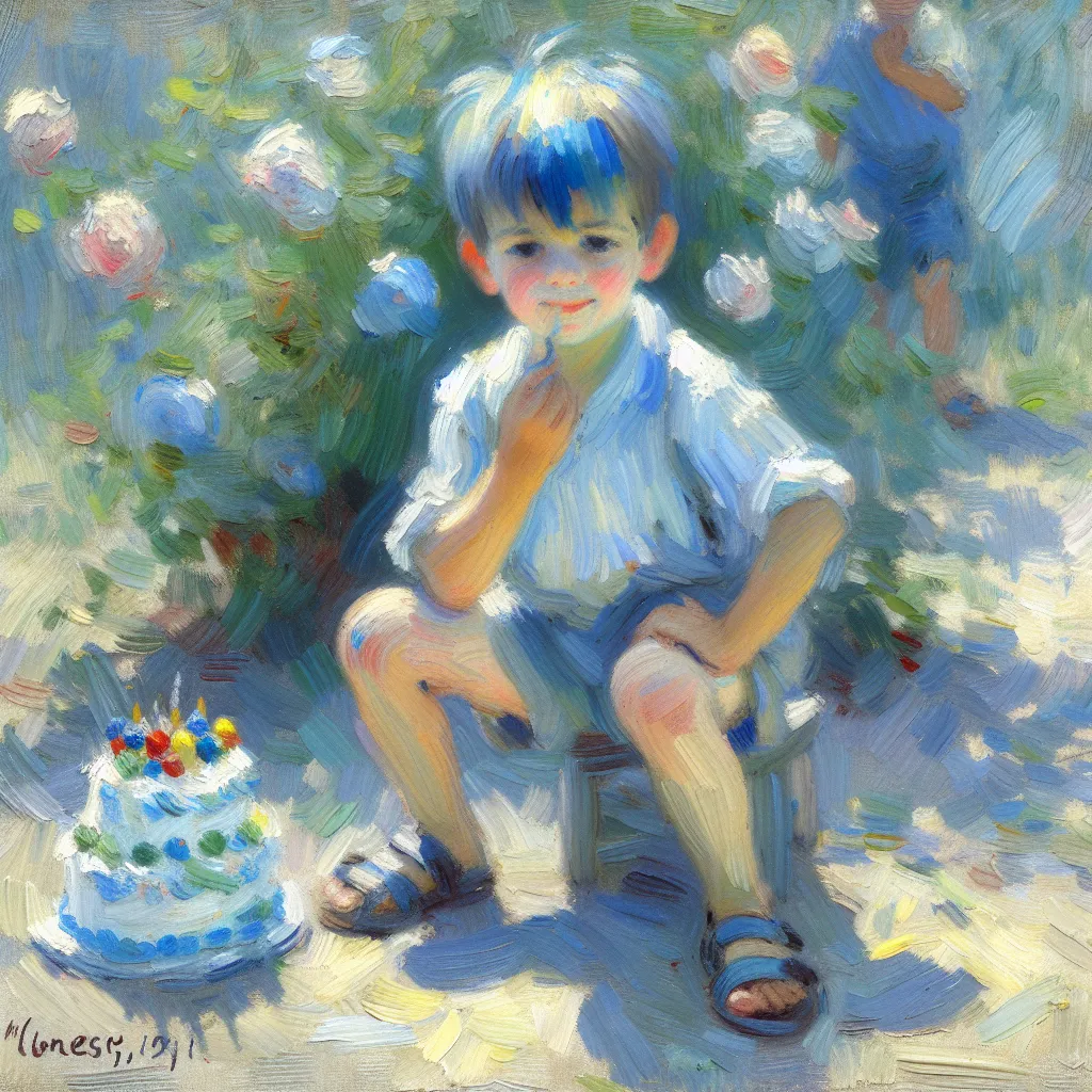 Boy, Birthday, Hair, Blue, Sandals in the style of Monet