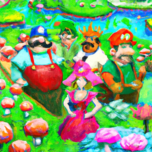 Mushroom Kingdom, Mario, Luigi, Princess Peach, Bowser in the style of Monet