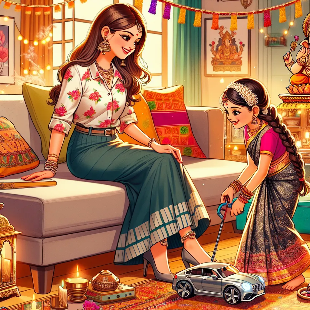 An image to accompany this story could be a colorful illustration featuring Anika and Priya playing with the toy car in a cozy living room. The image could show Anika wearing a floral blouse and a short skirt, with her jewelry and high heels. Priya could be dressed in traditional Indian attire, with long braided hair. The room could be decorated with Indian elements like incense sticks, a sari, and a Ganesha statue. The atmosphere should be warm and inviting, reflecting the love and happiness in