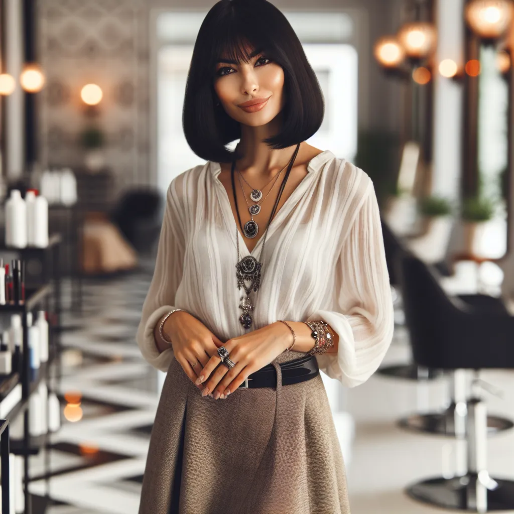 A professional and confident hairdresser, Min-Ji Kim, stands in her beautifully decorated salon, ready to welcome clients. She wears a short blouse and a knee-length A-line skirt, along with an assortment of meaningful jewelry. With her black bob haircut, petite stature, and warm smile, Min-Ji exudes years of experience and a deep love for her craft.