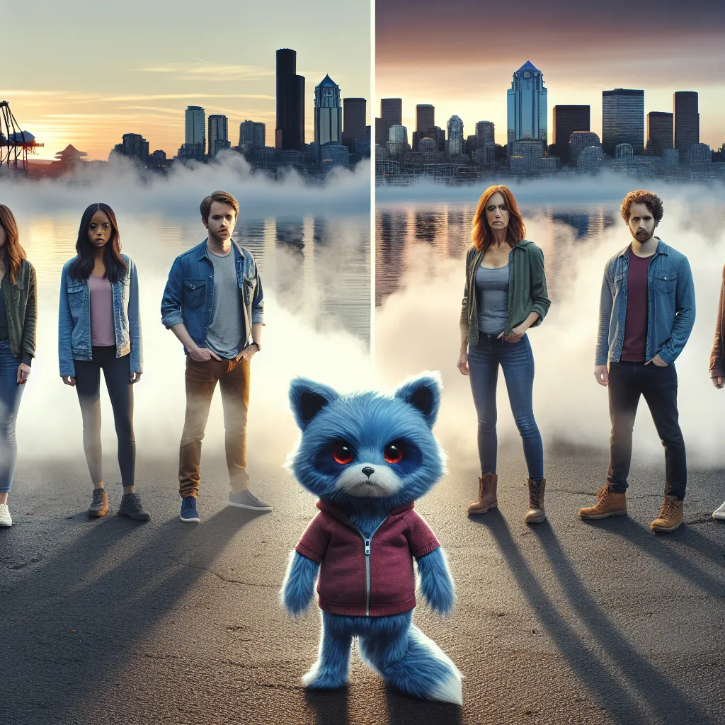 Description: A group of friends stands at the Seattle waterfront at sunset, with a mysterious fog beginning to roll in. On one side, Carly, Sam, Freddie, Spencer, and Gibby prepare for an unexpected encounter. On the other side, Angel stands with his remarkable blue-talking stuffed fox, Foxy, ready to face impending danger.