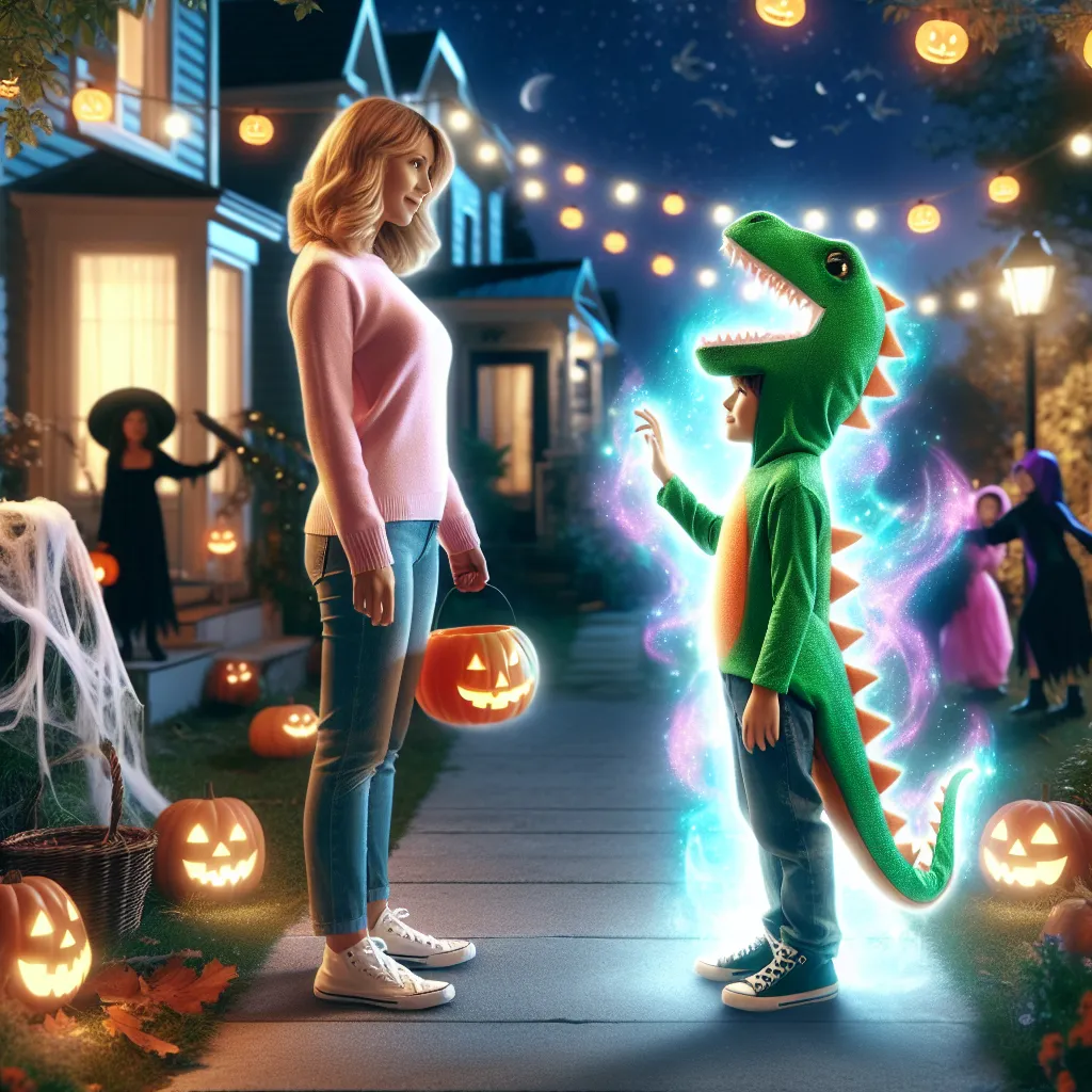 A young boy in a dinosaur costume magically switches bodies with his adult mother on Halloween night, leading to a poignant tale of transformation, acceptance, and enduring love.