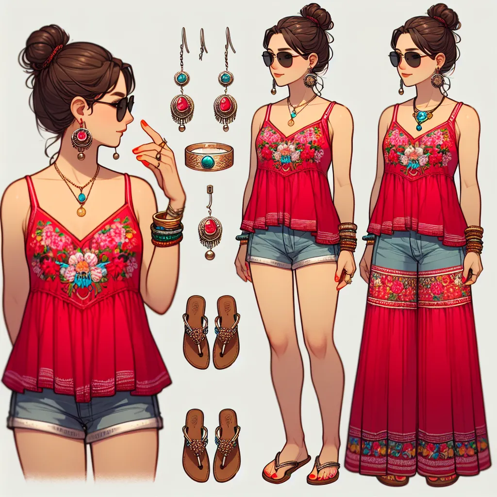 The generated image will depict Isabella Gomez (formerly Tommy Anderson's mom) dressed in a vibrant red tank top with floral embroidery, denim shorts, Mexican flip flops with woven straps, and sunglasses. She will be wearing large hoop earrings, a delicate gold necklace with a pendant, a gold bracelet with turquoise stones, a wedding ring, a silver anklet with small bells, and gold bangles on her left wrist. Isabella's hair will be in a traditional bun, and her nails will be painted a bright cor