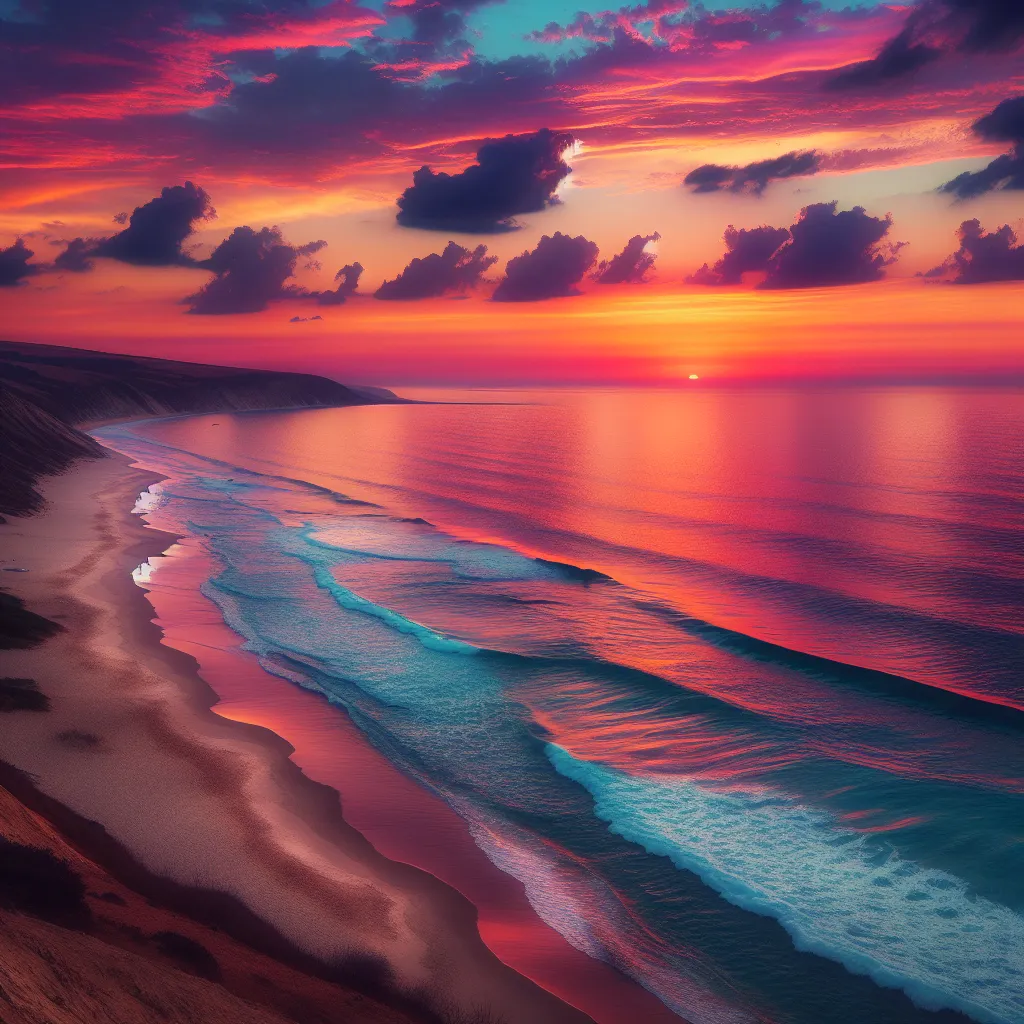 The image portrays a serene coastal landscape at sunset, with gentle waves washing ashore and colorful hues painting the sky.