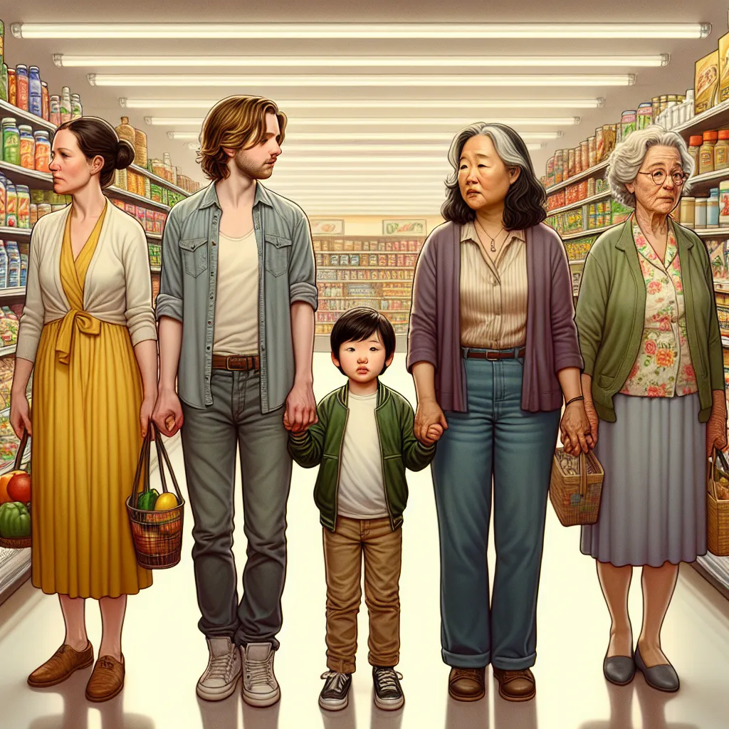 A detailed, emotion-rich story unfolds at a grocery store involving Oliver, his mother Hannah, grandmother Greta, a Korean woman named Su-Jin, and her daughter Mina. Oliver accidentally transforms into Su-Jin, experiencing physical and emotional changes. As Su-Jin, she navigates the store in confusion before finding Mina, resolving their differences. The story culminates in a touching moment of familial connection and acceptance, as Su-Jin and Mina leave arm in arm, starting a new chapter togeth