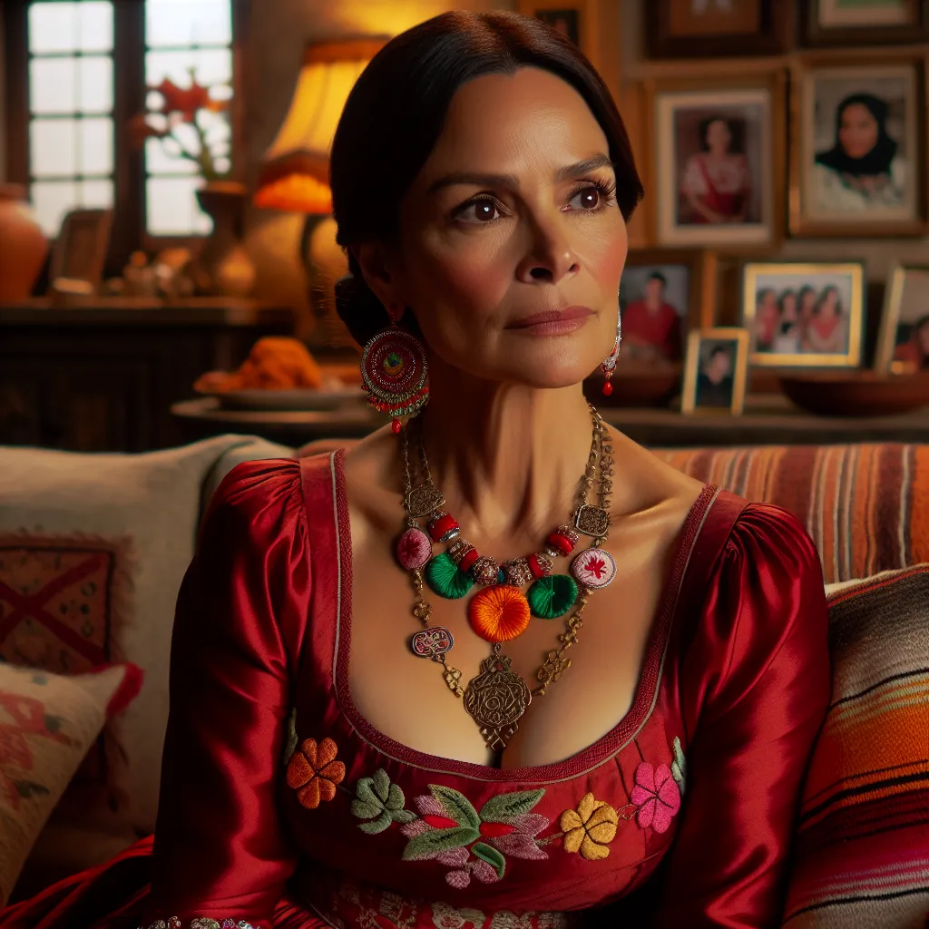 The image will depict Juana, a middle-aged Latina woman, sitting in her living room wearing a red silk dress and distinctive Mexican jewelry. She is watching a Spanish soap opera on TV, her expression thoughtful and slightly conflicted. The room is cozy and filled with warm colors, highlighting Juana's traditional attire and her family's cultural heritage.