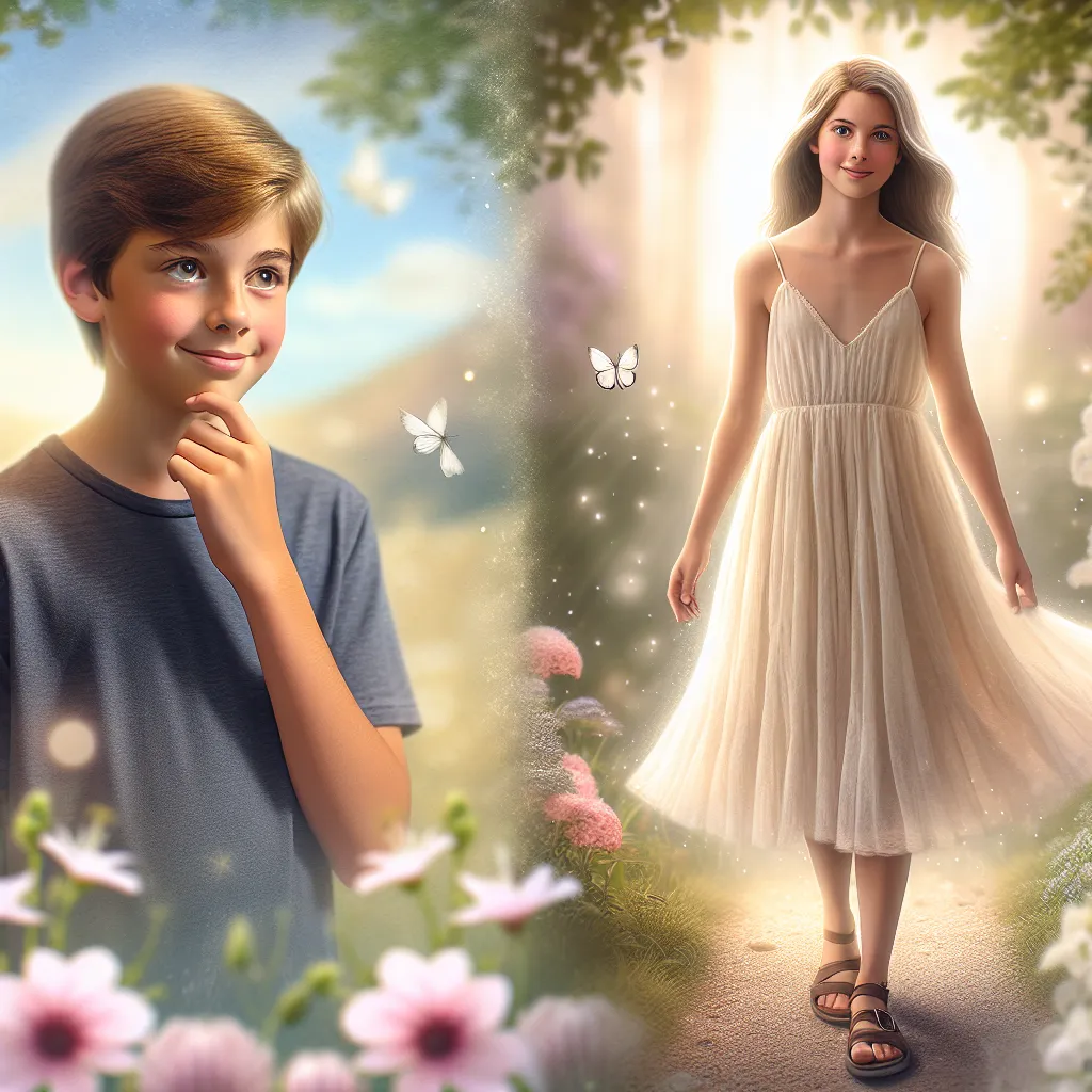 A magical transformation occurs when a young boy named Matthew accidentally puts on a pair of oversized sandals belonging to a young woman named Jamie. Matthew's body changes into Jamie's, and as the days go by, Jamie seamlessly integrates into her new life, with no memory of her previous self as Matthew. The image shows Jamie, now fully embracing her identity, clad in a flowy sundress and thong sandals, looking confident and content in her transformed state.