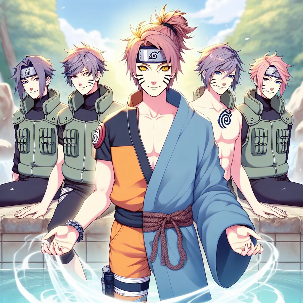 An image depicting Naruto going through a magical transformation from a male ninja to a female ninja, surrounded by his female friends Sakura, Ino, Tenten, and Hinata at the hot springs.
