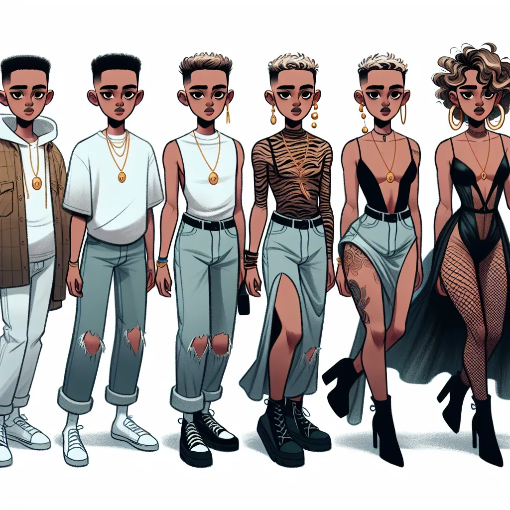 This image should capture the transformation of Oliver into Latrice, showcasing the progression of his physical changes from a young boy to a confident, glamorous woman. The image should include the detailed descriptions of the transformations, such as his feet changing into Latrice's, legs, torso, face, hands, and arms transforming to match Latrice's features, complete with the clothing, accessories, and hairstyles described in the story. It should convey the shock and disbelief felt by Oliver 