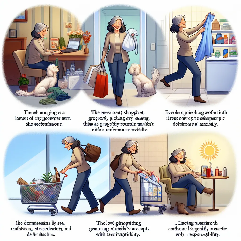 An image of María, a determined and loving woman, running errands - from shopping at a grocery store to picking up dry cleaning and pet supplies, all while managing discomfort in her body. A scene that captures her sense of responsibility, love for her family, and the fulfilling routine she embraces with grace and resilience.