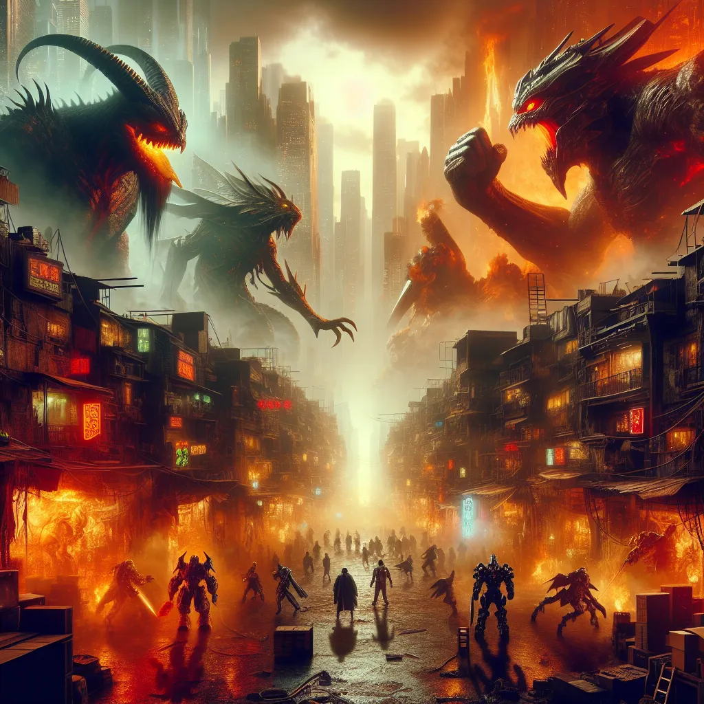 An epic showdown is brewing in the gritty streets of Hell as syndicates and Guardians from beyond the stars clash in a covert war for power. This image captures the chaotic infernal landscape with imps, demons, and armored intruders preparing for battle amidst smog and neon lights.