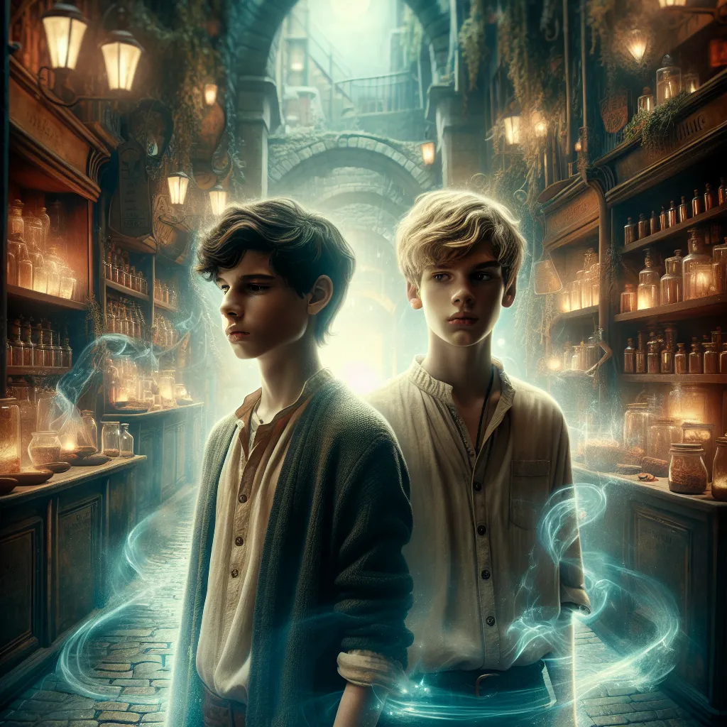 Image Description: The image portrays two young people, a brother and sister, standing in a dimly lit alley. The air is filled with mystical energy, as tendrils of magic curl around them. Both have a soft yet intense gaze, conveying a mixture of curiosity, trepidation, and a deep connection. They are surrounded by the trappings of an old apothecary shop, with shelves filled with glass bottles and jars containing various herbs and potions. Above them, a full moon casts its ethereal glow, illumina