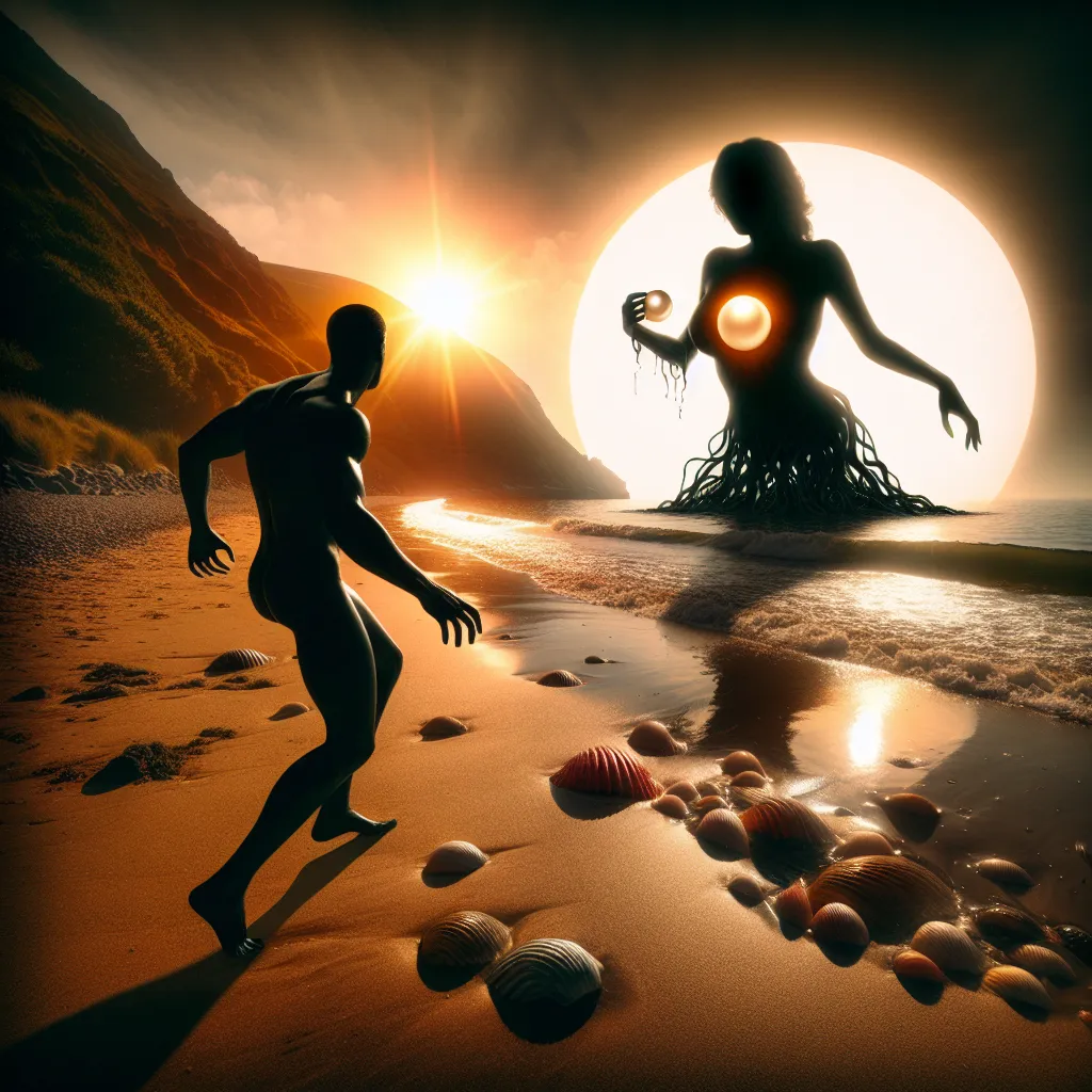 An eerie image of a beach scene with dark undertones. The sun glares down on Colwyn Beach, casting an unsettling glow on the sand and waves. A silhouette of two figures can be seen, one holding a seashell while the other looks frightened and trapped. The image captures the moment of transformation, as the person's body begins to morph into that of the opposite gender. The atmosphere is tinged with a sense of horror and mystery, foreshadowing a sinister story that is about to unfold.