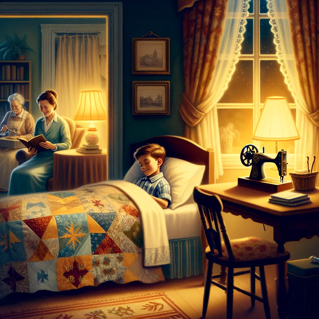 This image will capture a cozy bedroom scene at night, where a young boy named Henry is asleep in his bed under a quilt. His mother, Julia, is seen in the background reading a book with a gentle smile, while his grandmother, Margaret, is sitting by a sewing table, patching Henry's trousers. The room is illuminated by a soft, golden lamp light, creating a warm and peaceful atmosphere.