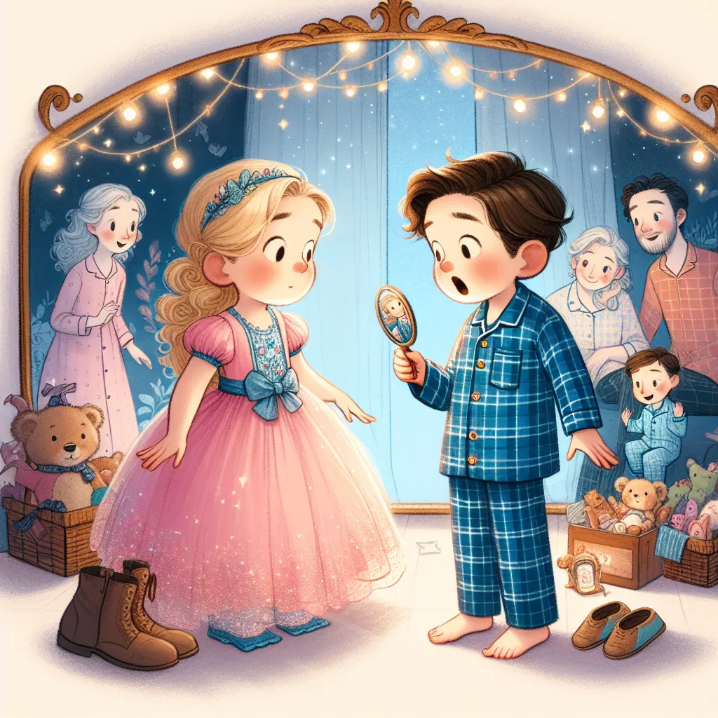 A young boy and girl named Owen and Emily accidentally swap bodies one mysterious night. Owen finds himself in Emily's body, wearing a pink princess dress, while Emily wakes up in Owen's body, clad in blue flannel pajamas. As they navigate their new identities, they bond through shared experiences, discovering empathy, bravery, and understanding in their swapped lives. Their families witness their unique journey, embracing the magic that brought them closer together.