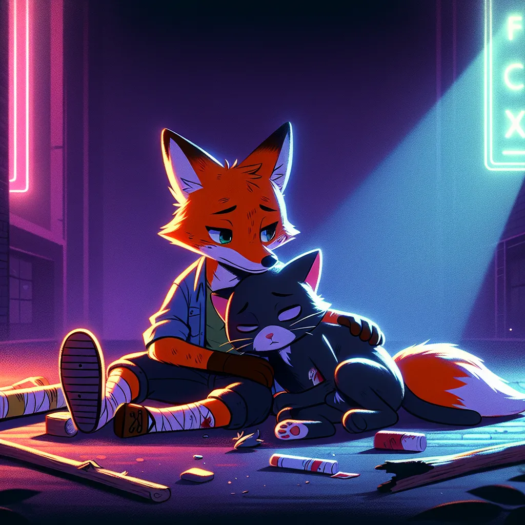 Description for the image: "Fox Kid and Black Cat, battered yet victorious, lie entwined in each other's arms, bathed in the soft neon glow of their surroundings. The night closes around them as they find solace and comfort in each other, the start of something deeper than they expected."