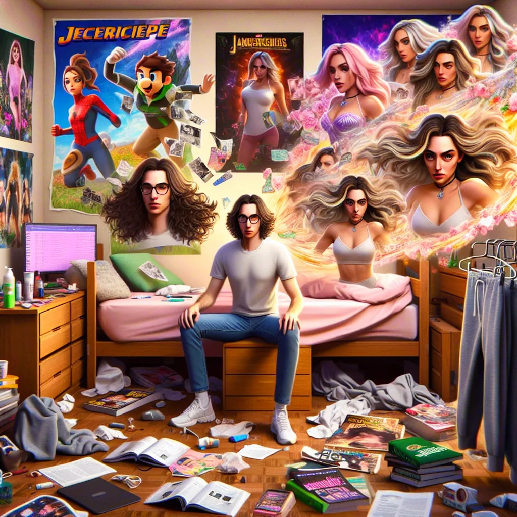 A digital collage of a messy dorm room with objects shifting and transforming. Posters of video game characters warp into posters of pop stars and floral patterns, textbooks morph into fashion magazines and beauty products, and sweatpants constrict into leggings. Amidst the chaos, the main character, James, may be seen turning into Jessica, with transformed clothing, feminine glasses, a cinched-in T-shirt, and flowing hair.