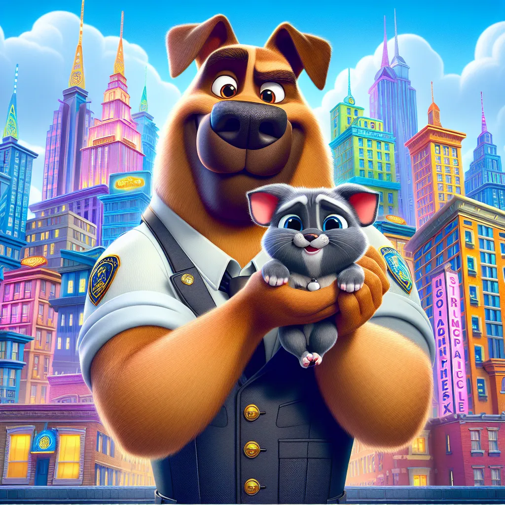 A lighthearted image of Dudley Puppy, an anthropomorphic dog in a detective agency uniform, holding an adorable baby version of Kitty Katswell, an anthropomorphic cat, in his arms. The background shows the vibrant and bustling city of Petropolis, with T.U.F.F. headquarters in the distance.