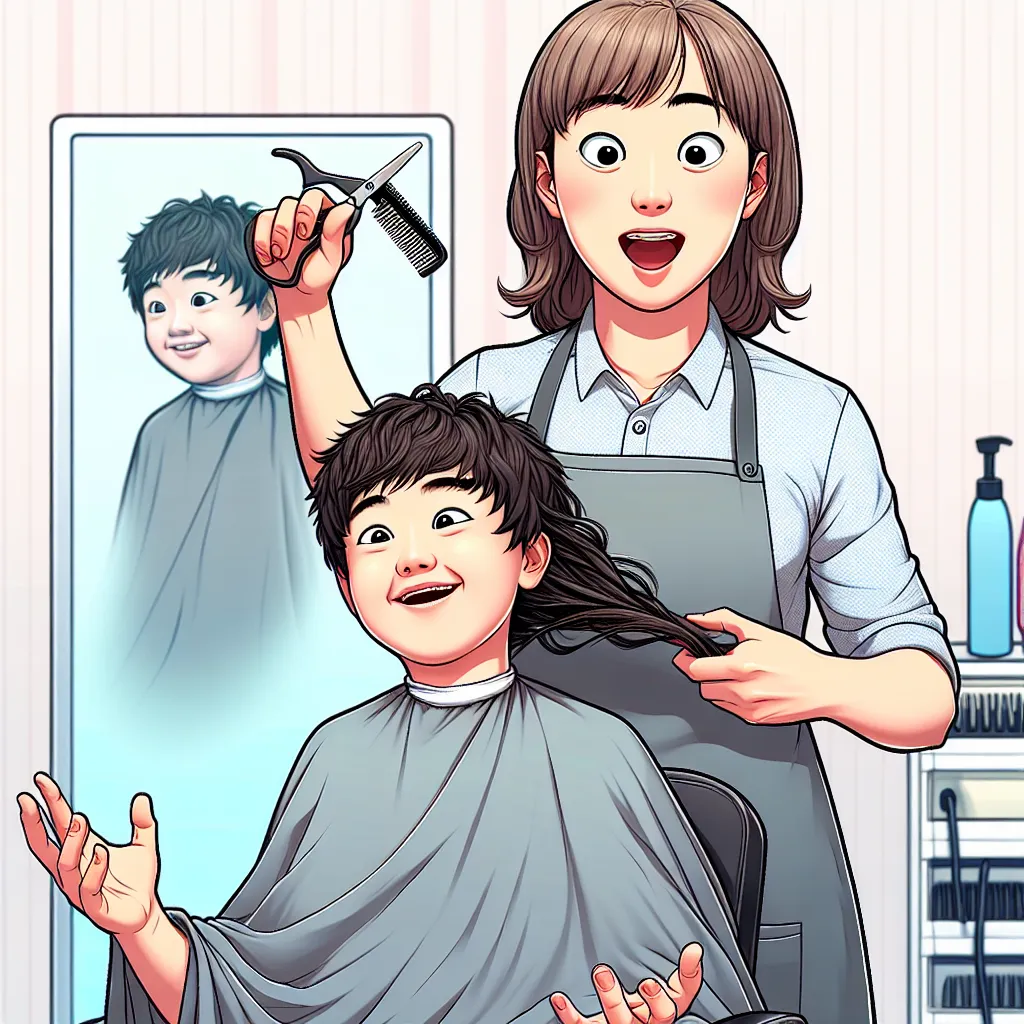 A young boy named Timmy swaps bodies with his Korean barber, Ms. Kim. Timmy, now in Ms. Kim's body, struggles to navigate her life and salon, while Ms. Kim, in Timmy's body, enjoys newfound youth. The image will show Timmy and Ms. Kim after the body swap, capturing the confusion and contrast in their expressions and body language.