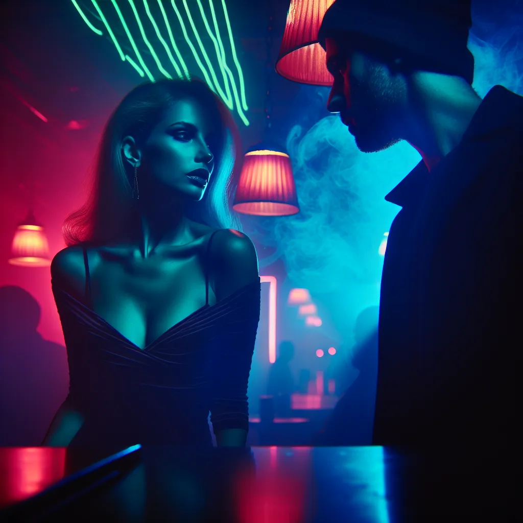 A mysterious, neon-lit nightclub scene unfolding with Arielle, the owner, navigating a tense encounter with an unwelcome guest as the club's atmosphere shifts from vibrant to secretive and dangerous.