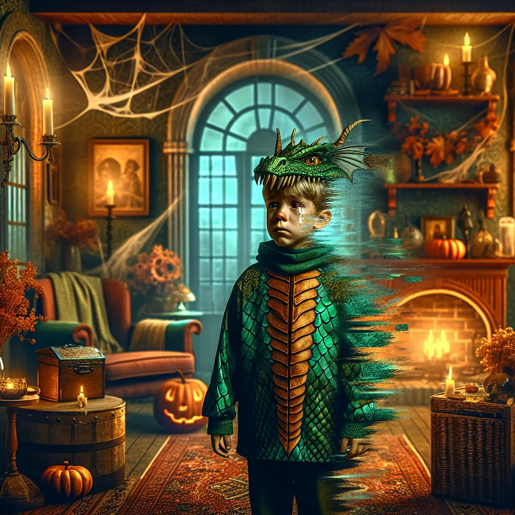 A young boy named Oliver, dressed as a dragon for Halloween, experiences a mysterious and alarming transformation as he fades away in his living room, crying out for his mother.