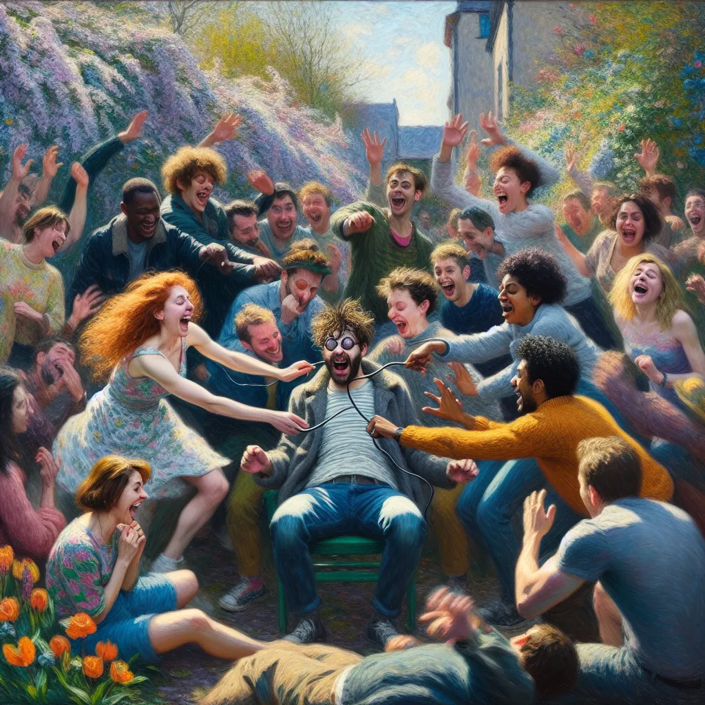 Friends, Prank, Hypnosis, Chaos, Comedy in the style of Monet