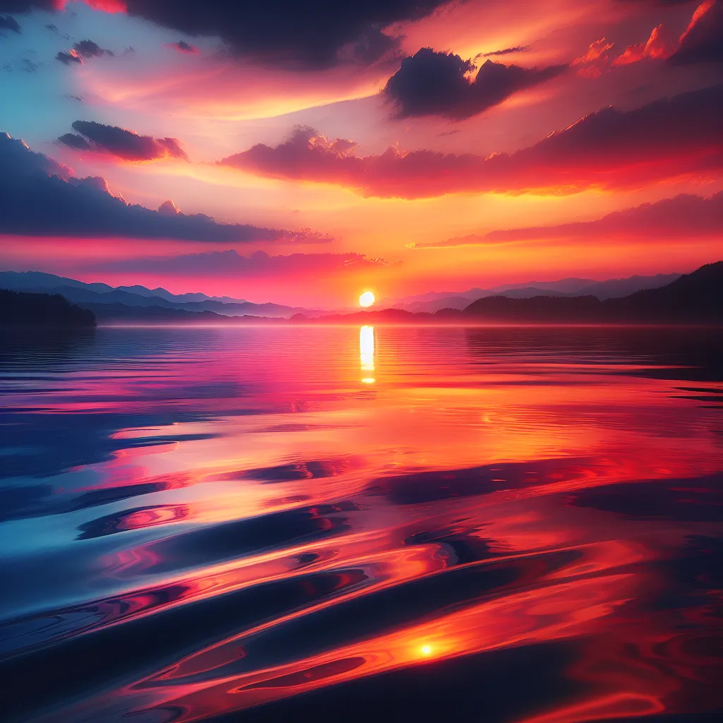 A serene evening sunset over a peaceful lake, with colorful reflections dancing on the water.