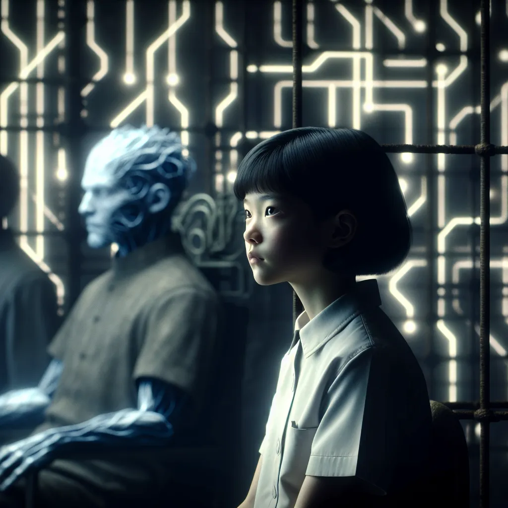 A contemplative Misaka Mikoto with short black hair and childlike features, wearing a simple school uniform, sitting quietly in a dimly lit, stark orphanage room adorned with faint glowing circuit patterns; in the background, a cold, expressionless adult figure resembling Misaka’s original self stands restrained by scientific machinery surrounded by shadowy researchers, conveying a haunting atmosphere of identity loss, hidden rebellion, and grim Academy City intrigue.