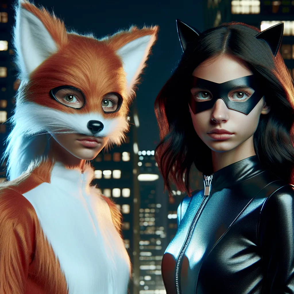An image of Fox Kid and Black Cat standing side by side, their costumes illuminated by the glow of the city lights. Their eyes meet, filled with determination and a hint of flirtation, as they prepare to face a powerful enemy together.