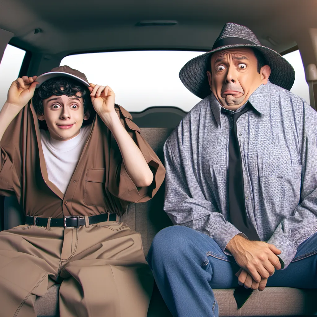 A humorous image accompanies this story. It depicts a man and a teenager sitting side by side in a car with expressions of surprise and confusion on their faces. The teenager, dressed in his mother's clothes, is playfully adjusting his bikini top while the man tries to contain his laughter.