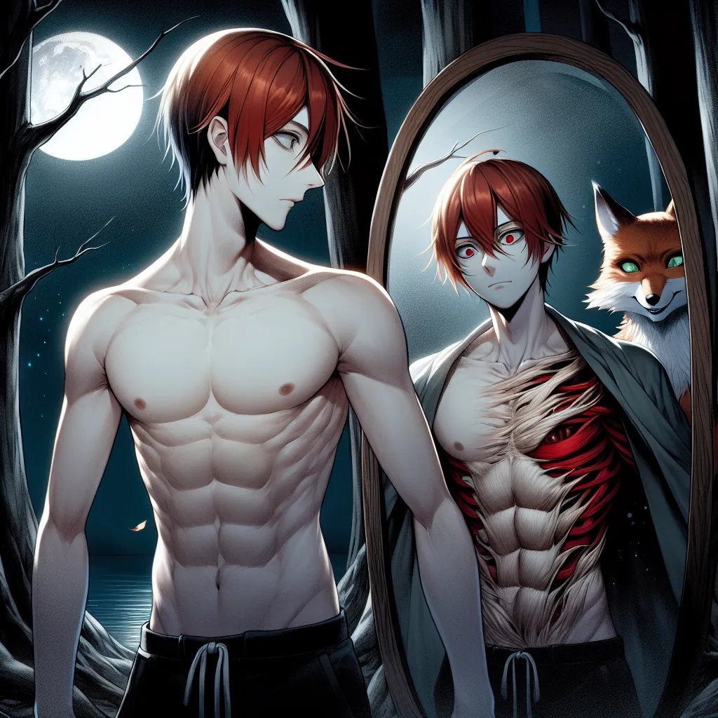 An image depicting a young man, Naruto, standing in a dark forest. His body is slowly transforming, with his once broad shoulders narrowing and his hair becoming smoother. His chest is starting to develop small mounds, and his reflection in a mirror reveals long, red hair and unmistakably feminine features. Naruto's expression is one of horror and confusion as he grapples with the twisted game orchestrated by the malicious Nine-Tailed Fox, Kurama. The moon hangs low in the sky, casting eerie sha