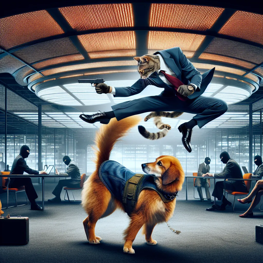 An image depicting the feline agent, Kitty Katswell, and the canine agent, Dudley Puppy, engaged in an intense sparring session amidst the bustling T.U.F.F. headquarters. Kitty displays precision and ferocity in her attacks, while Dudley's seemingly clumsy yet effective dodges are showcased. The image captures the moment when Dudley surprises Kitty with an unexpected maneuver, leading to her downfall.