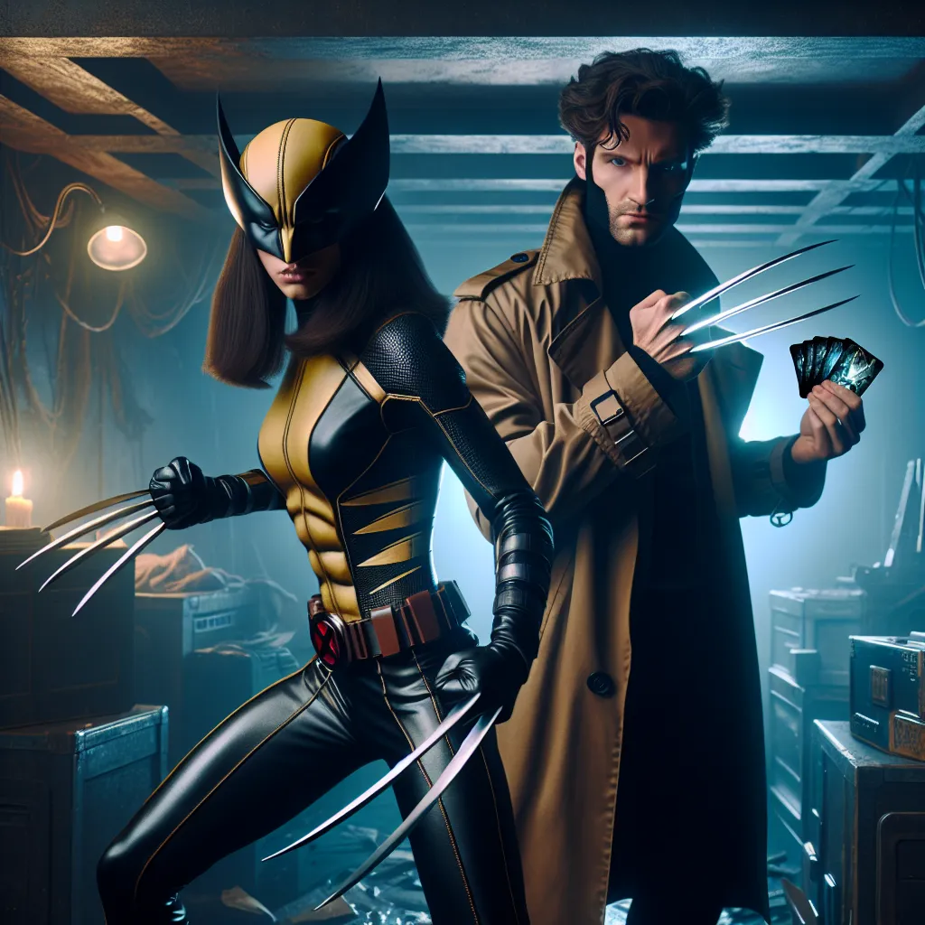 A tense moment in a hidden hideout as Laura, a nearly indestructible Wolverine, makes a steadfast decision to protect Gambit despite the dangers closing in around them.