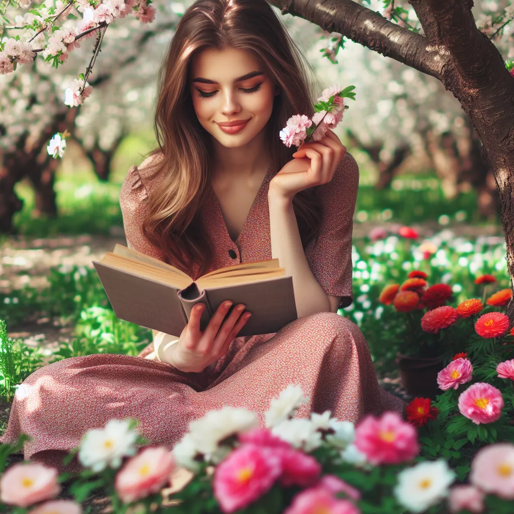 A young woman sitting under a blooming tree, surrounded by colorful flowers, lost in a captivating book, with a serene smile on her face.