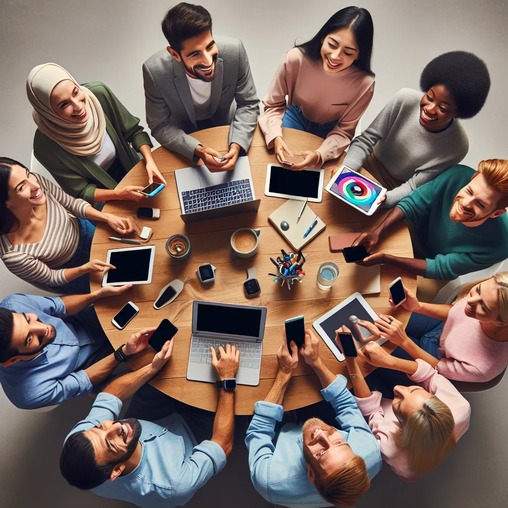 A diverse group of people around a table holding a variety of devices and engaging in a lively discussion.