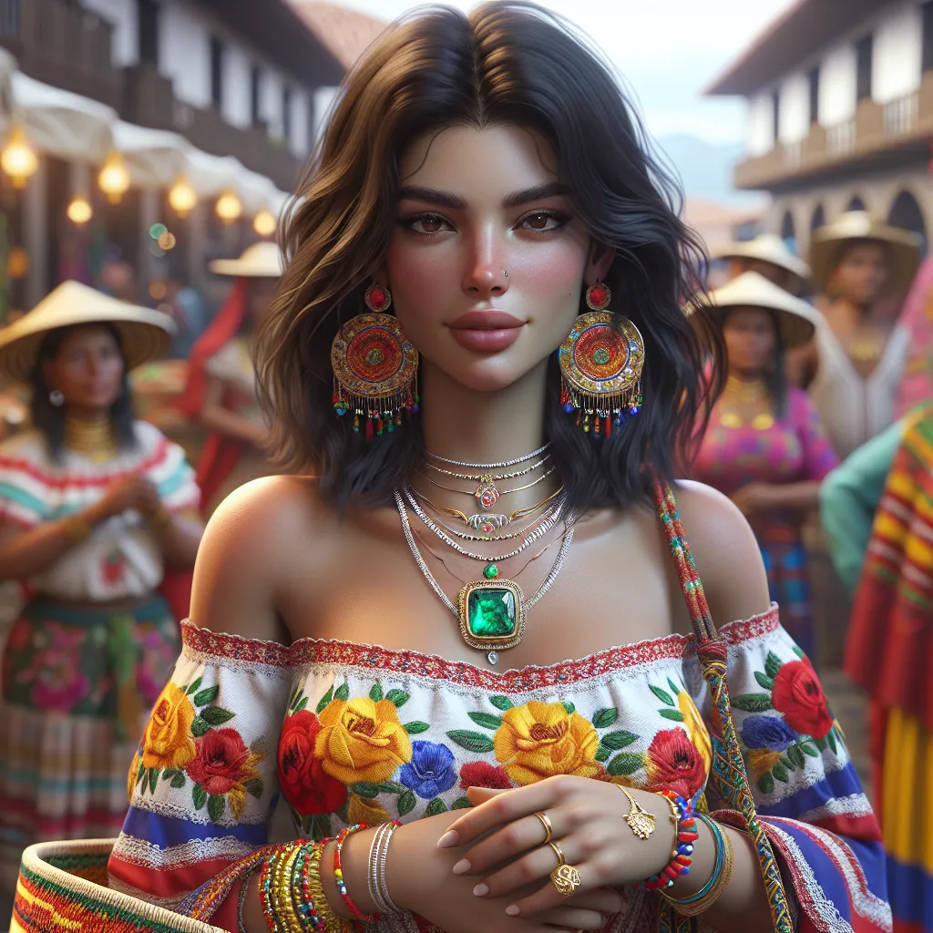 An image of a young woman with shoulder-length dark hair and dark brown eyes. She is wearing a traditional Colombian dress with vibrant colors of red, yellow, and blue, adorned with intricate floral embroidery. She is wearing gold hoop earrings, a silver necklace with an emerald pendant, beaded bracelets with red and yellow accents, a gold anklet with small charms, and a gold wedding band. The image shows her walking confidently down a bustling marketplace, interacting with vendors and acquainta