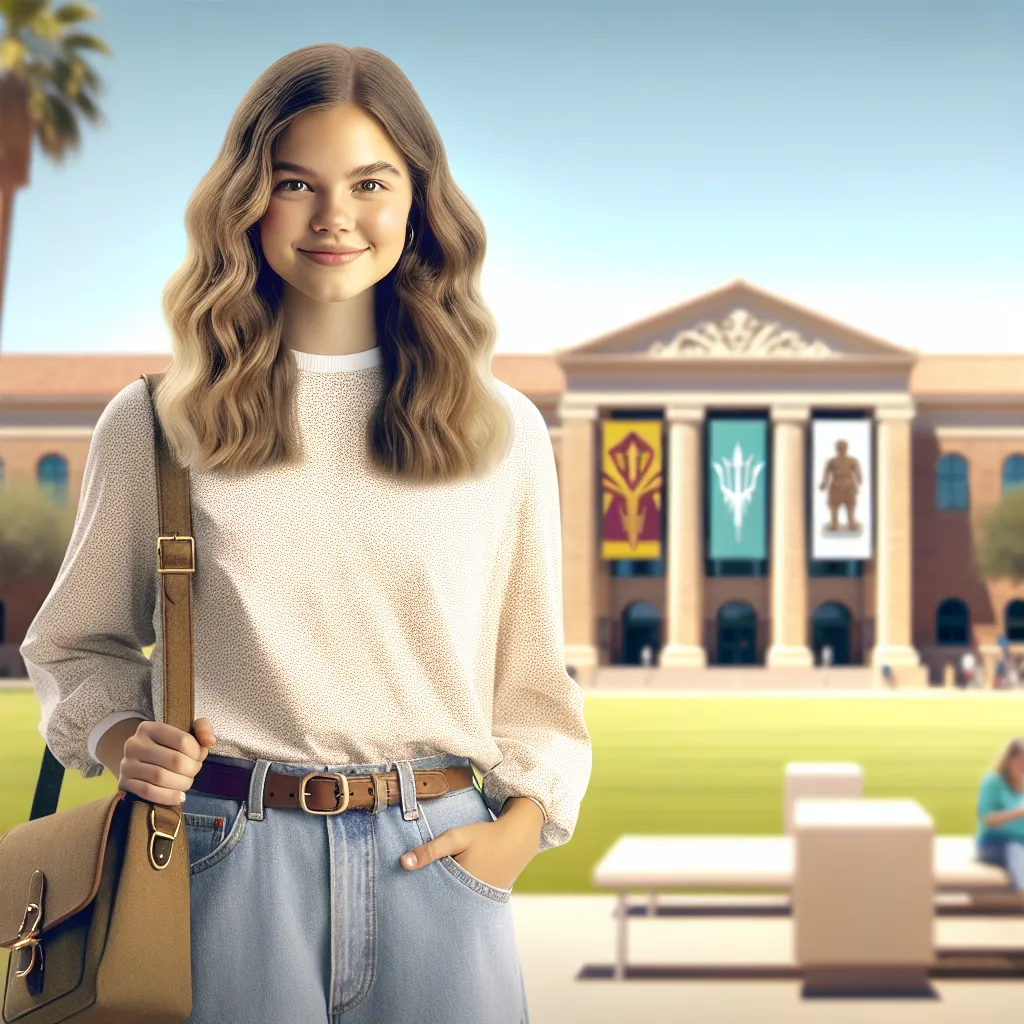 The story follows Owen who magically transforms into his college-bound sister Emily, embracing a new life and identity at Arizona State University. Capturing the transformation and aftermath, the image depicts a young woman, confident and hopeful, standing on campus, embodying Emily's newfound self-assurance and femininity, with a crossbody purse and Birkenstocks by her side.