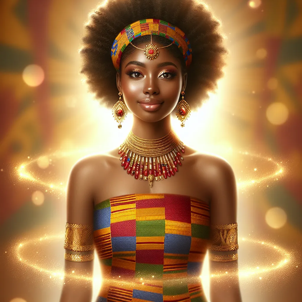 A young boy named Oliver undergoes a magical transformation into a beautiful African woman named Amara after taking a quiz on a computer. The image depicts the stunning final form of Amara, radiating with grace and confidence, dressed in vibrant kente cloth and adorned with intricate beadwork and gold jewelry, standing with a serene smile, embodying her true identity.