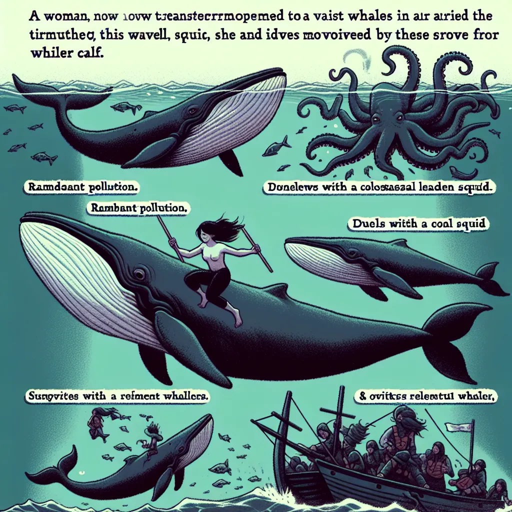 A woman, now transformed into a whale, struggles against various challenges in the ocean, from pollution to a giant squid and whalers. Despite her hardships, she finds moments of triumph and the strength to carry on, driven by the love for her calf.