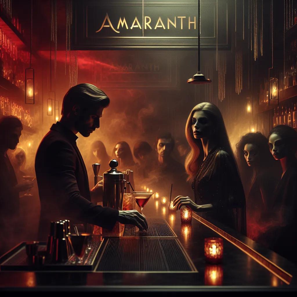 A dark and atmospheric image of Club Amaranth, with red and gold lights illuminating the mysterious scene. The main character, Nadine, is seen behind a polished bar, mixing drinks for the living and the dead. The image captures the tension as a mysterious and troubled man enters the club, sparking a transformative encounter with Nadine.