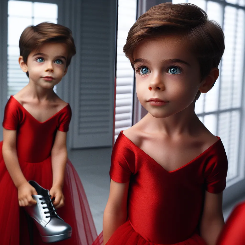 An image of a young boy, around six years old, with short brown hair and vibrant blue eyes, standing confidently in front of a mirror. The boy is wearing a bright red dress with spaghetti straps and is struggling to remove a pair of silver platform sandals. His reflection shows his innocent expression, possibly displaying a mix of confusion and frustration.