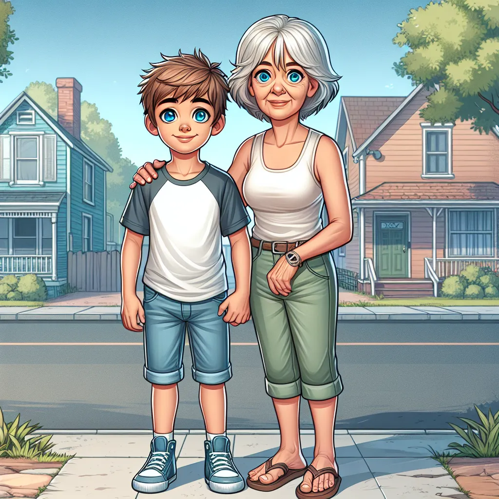 Example of DALLE-generated description:

The image is a digital illustration featuring a young boy and an older woman standing side by side. The boy has short, spiky brown hair and bright blue eyes, while the woman has silver shoulder-length hair and blue eyes. They are both wearing casual clothing - the boy in a shirt, jeans, and sneakers, and the woman in a tank top, shorts, and flip-flops. The background is a suburban street with houses and trees. The overall tone of the image is warm and inv