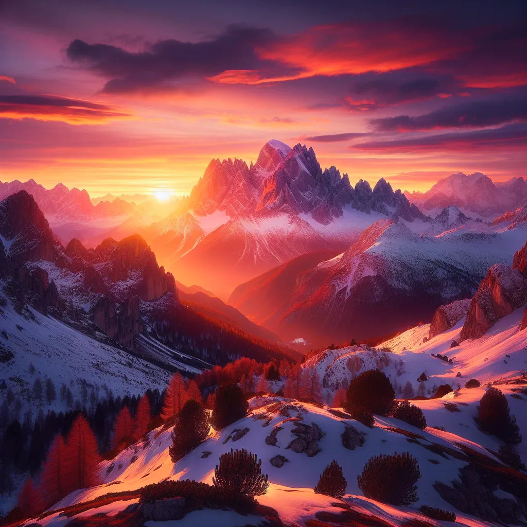 A serene mountain landscape with a vibrant sunset illuminating the peaks, casting a warm glow across the snow-covered terrain.