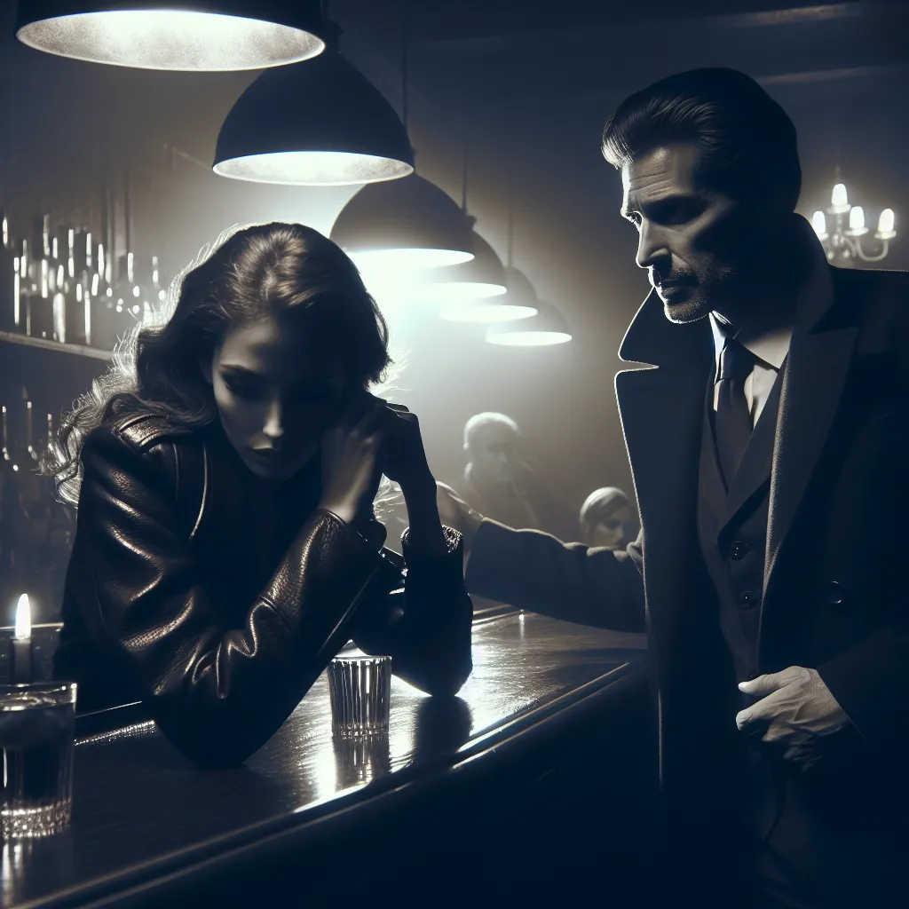 Description: In a dimly lit club, a woman named Katherine Calloway, haunted by her sister's mysterious disappearance, is approached by a weathered detective named Dean Mitchell. Despite the failed investigations, Dean claims to know what happened to Katherine's sister and offers his help. The image features Katherine at the bar, lost in thought, while Dean, dressed in a sharp black coat, approaches her with a determined yet compassionate expression in his eyes. The atmosphere captures the sense 