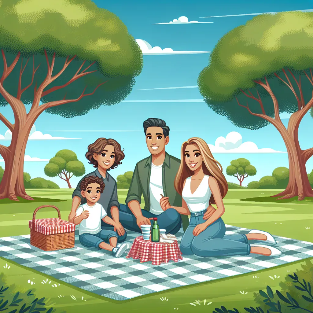 An idyllic park scene with mature trees, a clear blue sky, and a family enjoying a picnic on a checkered blanket.