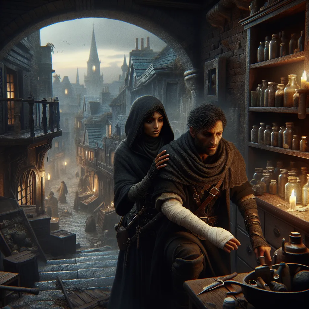 A mysterious woman named Clara and her injured companion, Sam, navigate a treacherous cityscape filled with bandits and secrets. They seek refuge in the basement of an enigmatic herbalist's shop, finding temporary safety in the shadows as dawn breaks over the city.