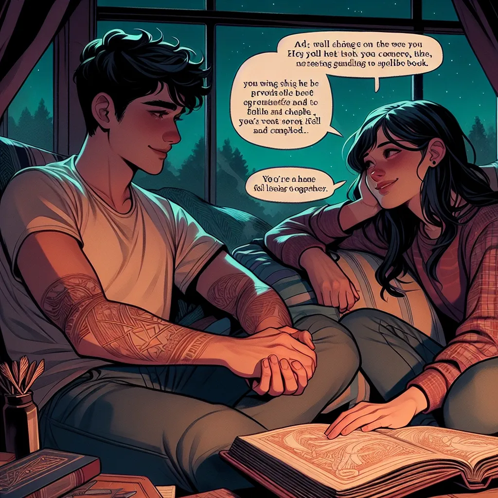 Two teenagers, Angel and Gwen, sit close together on a bed in Angel's room. The atmosphere is filled with the aftermath of an adventure they shared, as well as the deep connection they have formed. Gwen holds her spellbook before closing it and placing it on a desk. She then joins Angel on the bed, sitting close enough for their shoulders to touch. Angel thanks Gwen for always having his back, expressing how grateful he is for her presence. Gwen smiles warmly and acknowledges their strong partne