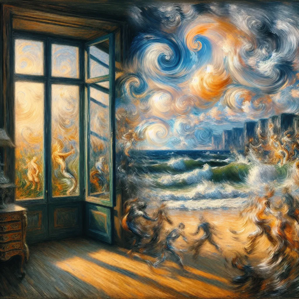 Window, Beach, Chaos, Transformation, Identity in the style of Monet
