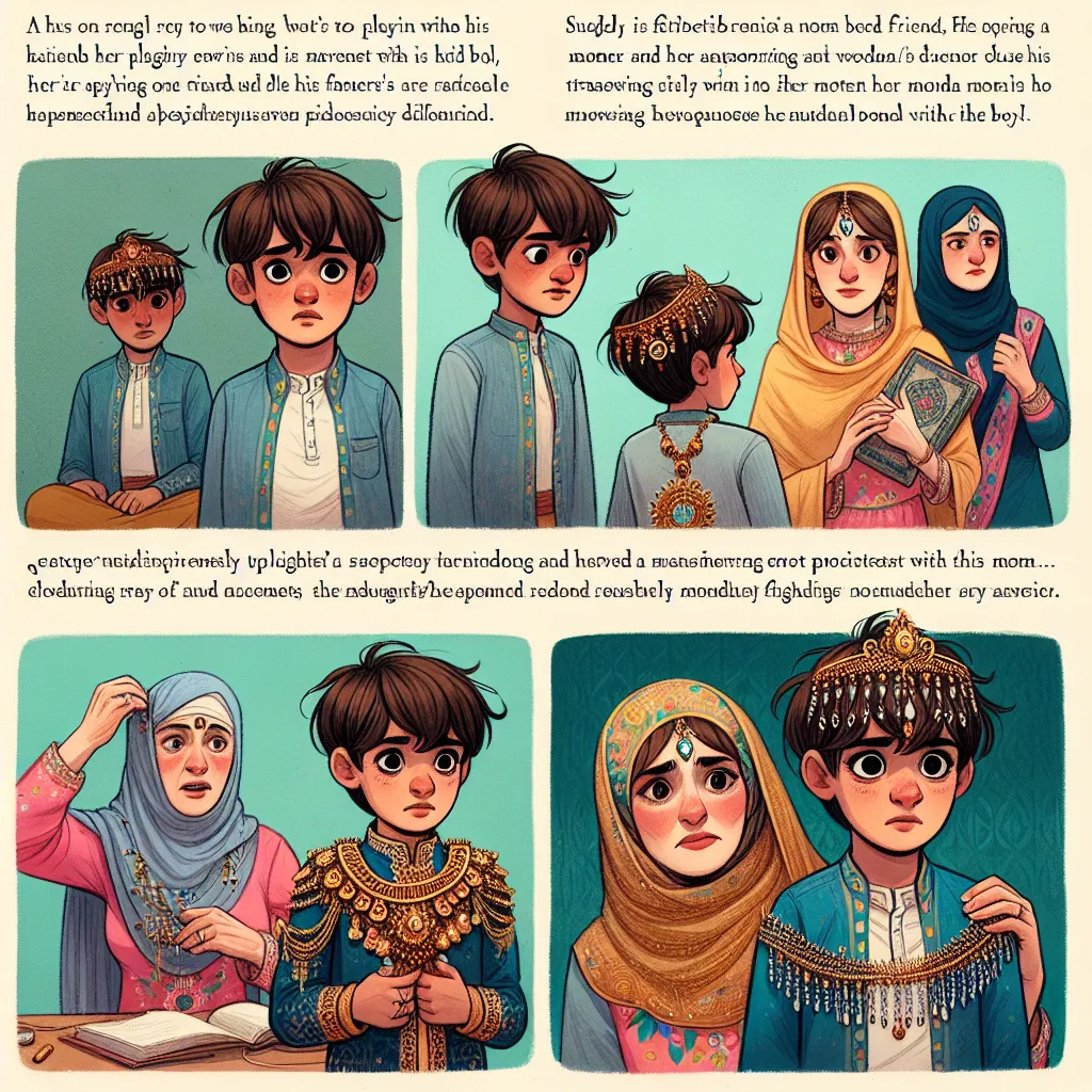 A young boy named James and his family face a troubling conflict when his friend's strict Muslim mother forbids them from playing together. The story takes a fantastical turn when James sneaks into the mother's room and accidentally transforms into a woman named Aisha. As Aisha grapples with her new identity, she adorns herself in traditional Arabic jewelry and clothing, including a niqab, while expressing anger toward her daughter's love for James. The story concludes with an unresolved argumen