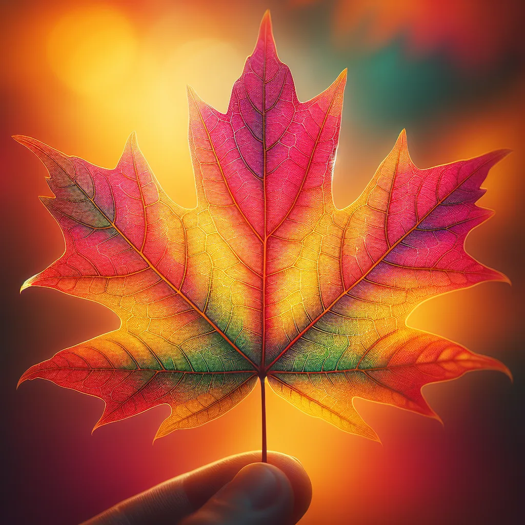 Description for the image: A close-up of a vibrant and colorful autumn leaf against a blurred background, symbolizing the beauty of change and transition.
